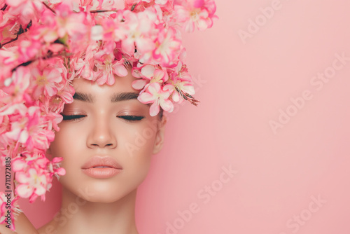 Beautiful girl with pink flowers on her head on pink background with space for your text, beauty model © Alina Zavhorodnii