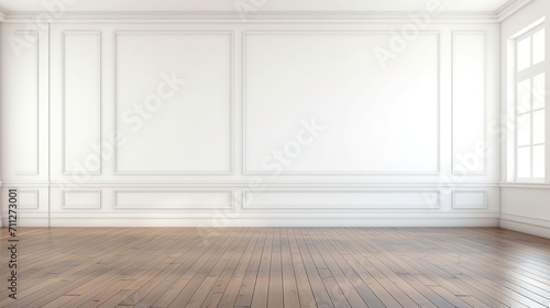 Rendering of a white wall view  illustration of an antique wooden floor interior  White empty room interior. The inside of the background. Nordic house interior.empty wall for writing