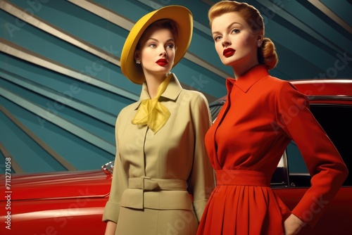 Two women wearing casual clothing stand next to each other in front of a sleek silver car parked on a street, Classic retro fashion post-war era, AI Generated