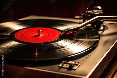 An old-fashioned turntable showcasing a vibrant red disc, bringing nostalgia and music to life, Classic vinyl record spinning on a vintage turntable, AI Generated