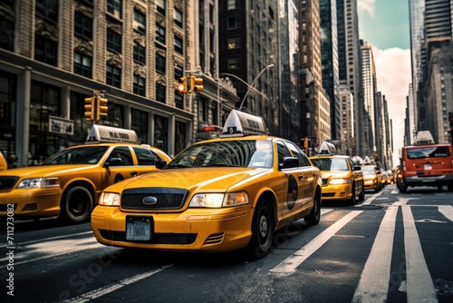 A densely populated urban street gridlocked with an overwhelming amount of vehicles during peak hours, Classic yellow taxi cabs in the busy streets of Manhattan, AI Generated © Iftikhar alam