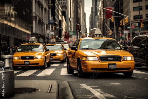 A yellow taxi cab gracefully maneuvers through a busy street surrounded by towering urban buildings, Classic yellow taxi cabs in the busy streets of Manhattan, AI Generated