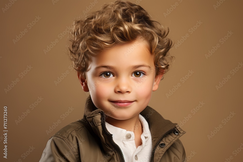 Portrait of a cute little boy with curly hair, isolated on brown background Portrait of a cute little boy with curly hair, isolated on brown background