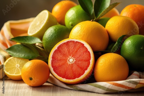 A vibrant assortment of juicy oranges and limes neatly piled on a wooden table, Close up of bright organic citrus fruits on a table, AI Generated