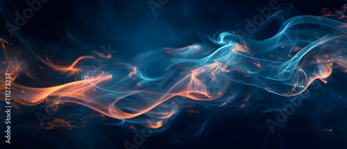 A mesmerizing display of fiery hues swirl together in an ethereal dance, illuminating the darkness with a vibrant blend of blue and orange smoke