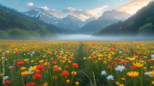 Fototapeta Naklejka Na Ścianę i Meble -  Beautiful spring mountains with meadow at morning. Generative AI.
