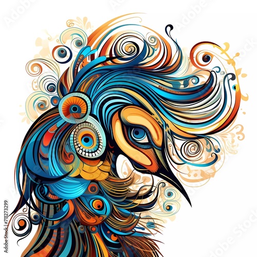 Abstract peacock head close up with tangled doodle elements. Full color illustrations. generative ai