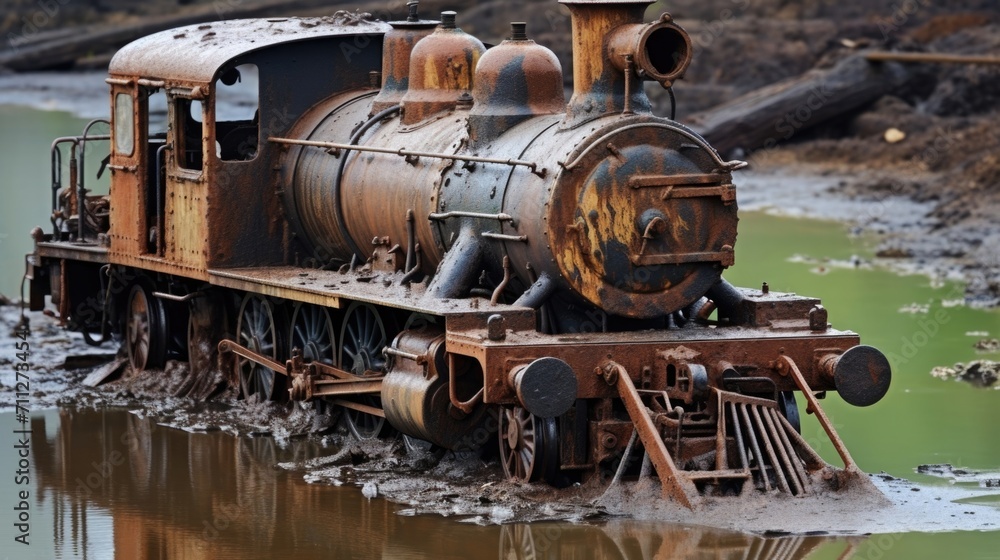 Rusty and Soaked Waterlogged and rusted, an engine struggles to function as it is flooded with murky water. Rusty and Soaked Waterlogged and rusted, an engine struggles to function as it is flooded with murky water.