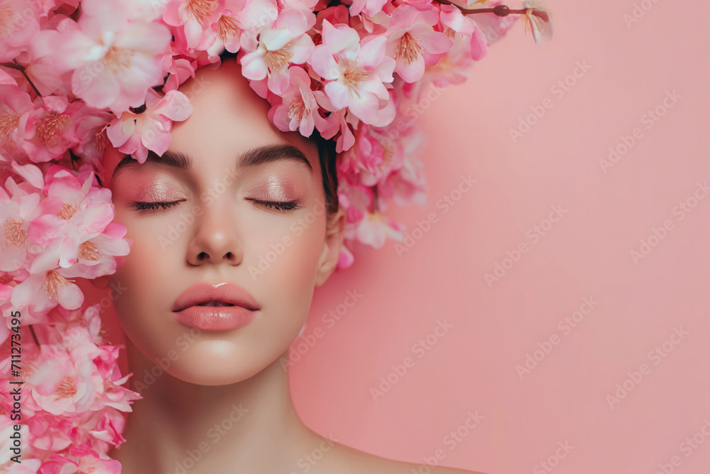 Beautiful girl with pink flowers on her head on pink background with space for your text, beauty model Beautiful girl with pink flowers on her head on pink background with space for your text, beauty model