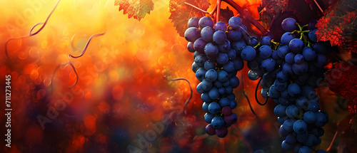 A vibrant autumn scene comes to life as a luscious bunch of seedless grapes dangle from a vine, ready to be plucked and enjoyed as a delicious fruit in a serene vineyard painting photo