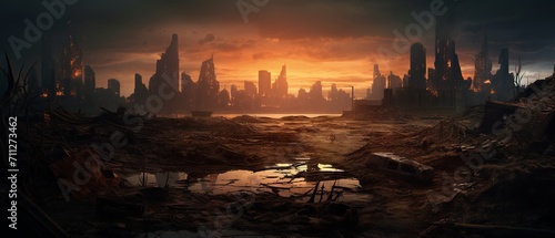 Post-apocalyptic cityscape: A view of the destroyed buildings, burning rubble, and polluted environment in a dystopian world