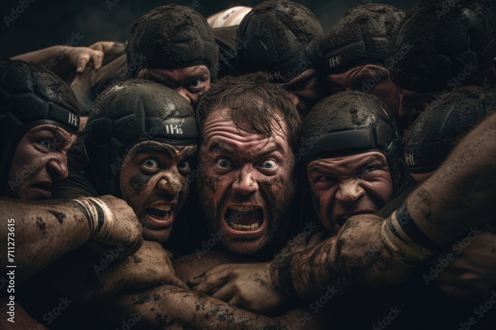 A cohesive group of men with their faces completely covered in mud, Close-up of a rugby scrum during a professional match, AI Generated