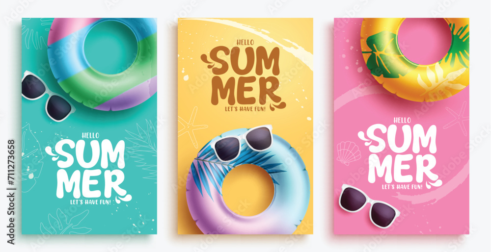 Summer greeting poster vector set design. Hello summer text with floaters and sunglasses beach vacation elements. Vector illustration summer greeting postcard collection.
 - obrazy, fototapety, plakaty 