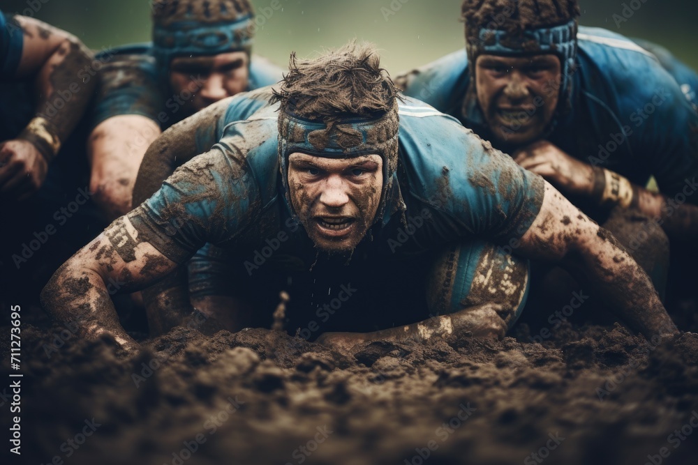 Obraz premium A group of men enjoying a playful moment together as they embrace the fun of getting muddy, Close-up of a rugby scrum during a professional match, AI Generated