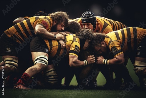 A team of rugby players come together in a tight huddle to discuss tactics and plan their next move, Close-up of a rugby scrum during a professional match, AI Generated photo