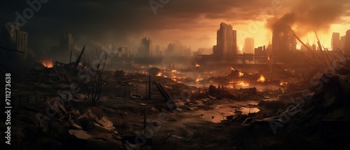 Fotografia Post-apocalyptic cityscape: A view of the destroyed buildings, burning rubble, a