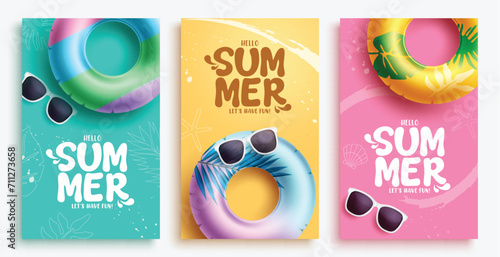 Summer greeting poster vector set design. Hello summer text with floaters and sunglasses beach vacation elements. Vector illustration summer greeting postcard collection.
