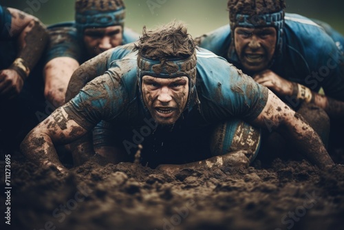 A group of men enjoying a playful moment together as they embrace the fun of getting muddy, Close-up of a rugby scrum during a professional match, AI Generated photo