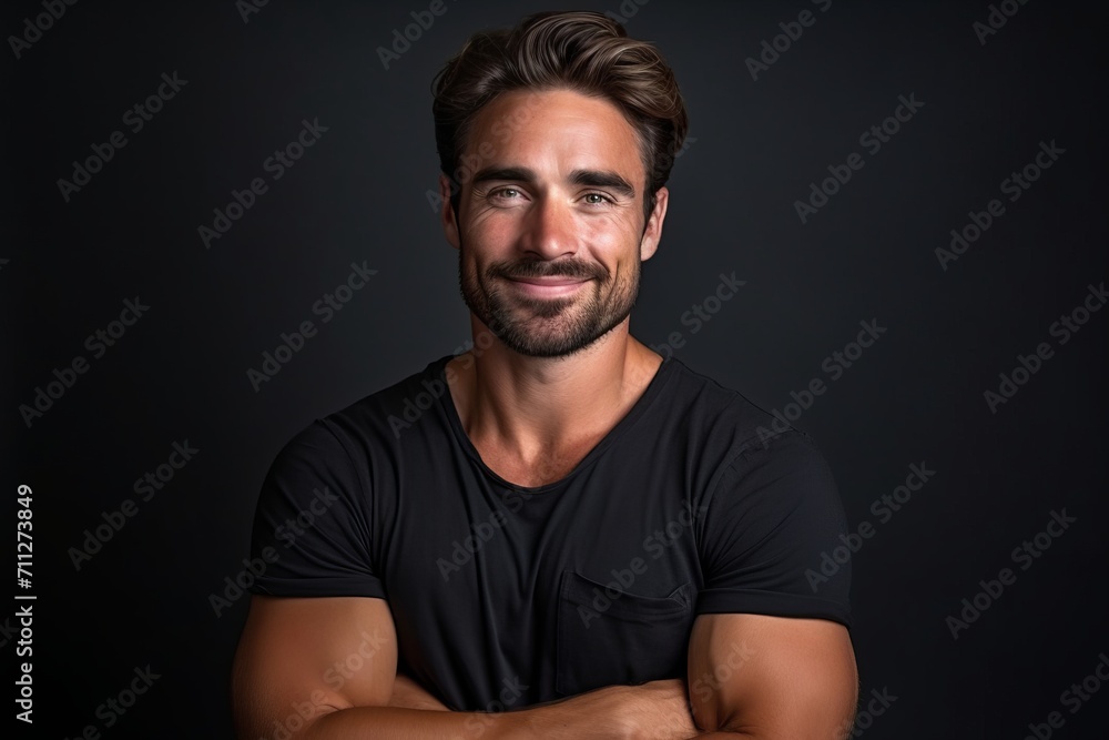 Portrait of a handsome man smiling at the camera while standing against black background
