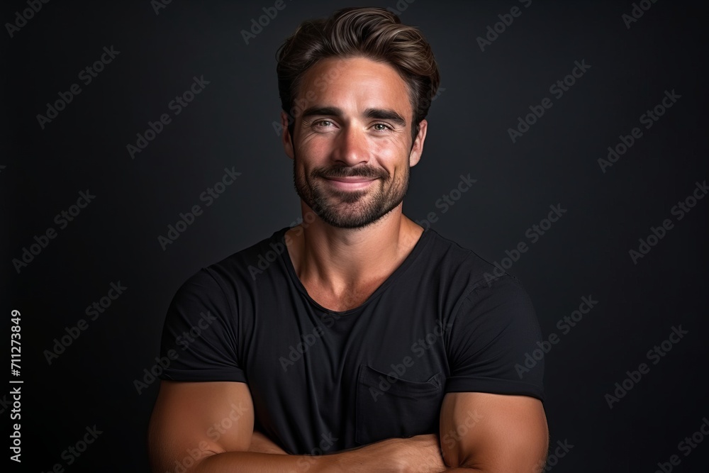 Portrait of a handsome man smiling at the camera while standing against black background Portrait of a handsome man smiling at the camera while standing against black background