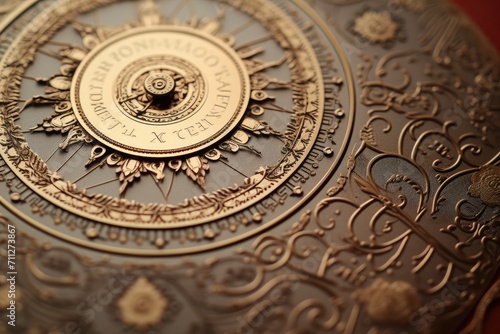 A detailed close up photograph of a clock face on a table, showcasing the time with precision, Close-up of an intricately designed wedding invitation, AI Generated
