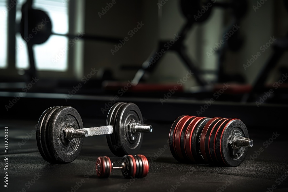 Two dumbbells lie on the gym floor, ready for a workout session, Close-up of dumbbells and fitness equipment, AI Generated Two dumbbells lie on the gym floor, ready for a workout session, Close-up of dumbbells and fitness equipment, AI Generated