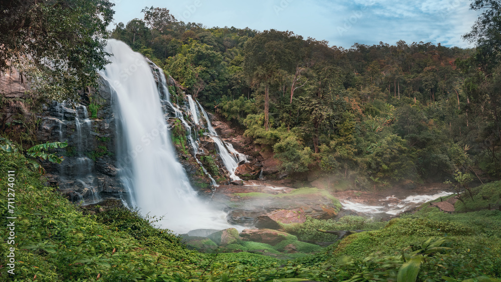Fototapeta premium Wachirathan Waterfall in Chiang Mai, Thailand. Panorama
