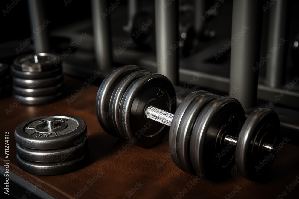 A pair of dumbbells sitting on top of a wooden table, perfect for building strength and enhancing your workout routine, Close-up of dumbbells and fitness equipment, AI Generated A pair of dumbbells sitting on top of a wooden table, perfect for building strength and enhancing your workout routine, Close-up of dumbbells and fitness equipment, AI Generated