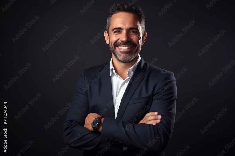 Portrait of a happy mature businessman standing with arms crossed against black background. Portrait of a happy mature businessman standing with arms crossed against black background.