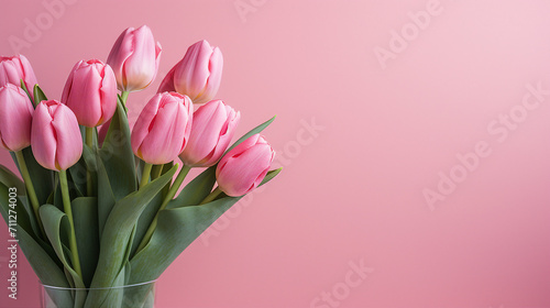 Beautiful Bouquet of Pink Tulips on a Soft Pink Background, Capturing the Elegance of Spring Blooms in a Vibrant Floral Arrangement Ideal for Celebrations and Festive Occasions © Pasinee