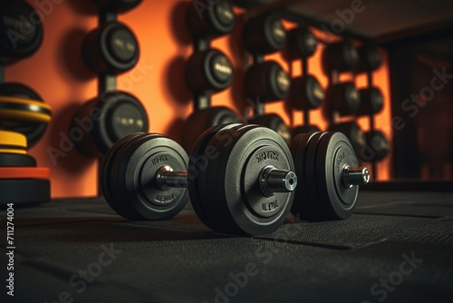 A line of dumbbells neatly arranged on a rack in a gym, ready to be used for effective strength training workouts, Close-up of dumbbells and fitness equipment, AI Generated