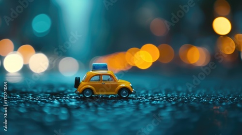 Miniature yellow taxi car on the road with bokeh background