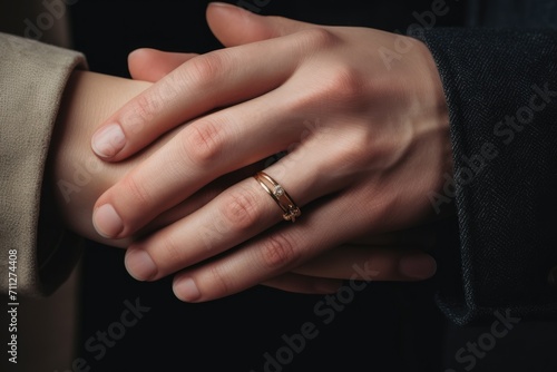 This close-up image captures the intimate connection between two individuals as they hold hands, Close-up of two hands exchanging wedding rings, AI Generated © Iftikhar alam
