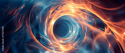 The mesmerizing display of a fiery vortex, with intricate fractal patterns blending hues of blue and orange, evokes a sense of intense heat and ethereal light in this abstract depiction of the natura