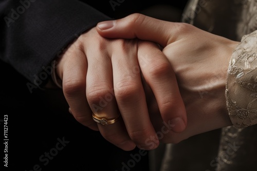 This image captures the tender moment of two individuals holding hands  symbolizing a deep bond and emotional connection between them  Close-up of two hands exchanging wedding rings  AI Generated