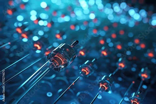 This close-up image showcases a dense network of wires and lights, exemplifying the intricate and essential nature of electrical systems, Close-up view of a syringe needle with nanobots, AI Generated