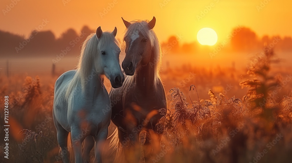 Two horses at sunrise, Tenderness. Generative AI.