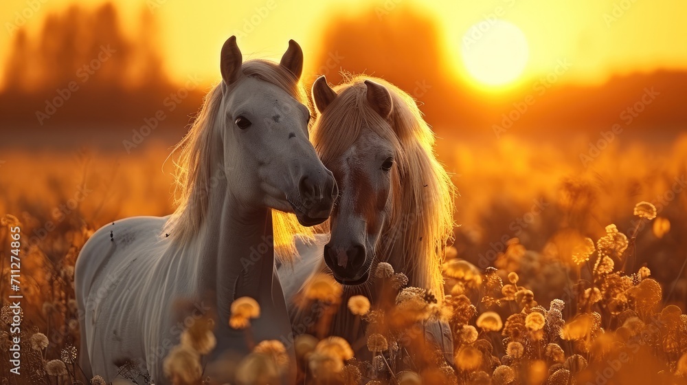 Two horses at sunrise, Tenderness. Generative AI. Two horses at sunrise, Tenderness. Generative AI.