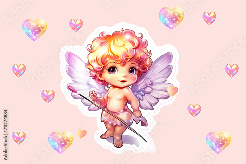 Cute cartoon cupid with bow and arrow, vector illustration. Cute Adorable Cupid cartoon character. Amur babies, little angels or god eros. Valentines day concept design. Adorable angel in love. Kawaii