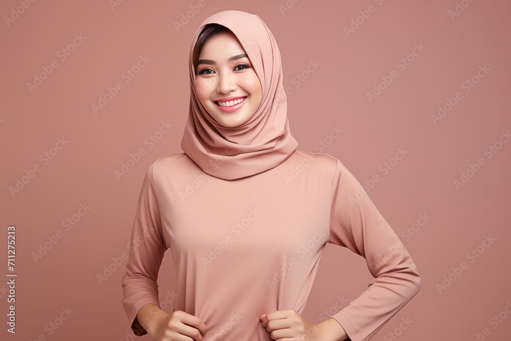 Fototapeta premium Young woman wearing beige pink color Hijab on Beige color background. Muslim cloth theme. Generative AI
