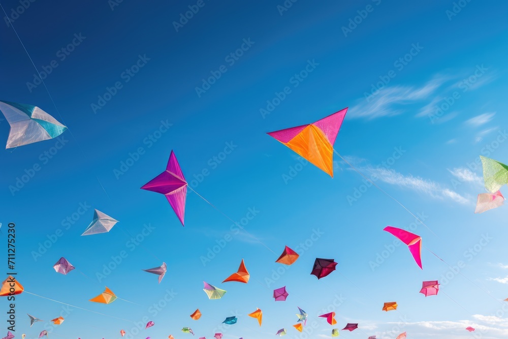 A colorful collection of kites soaring high above, filling the sky with vibrant patterns and joyful movement, Colorful kites bearing handwritten messages flying in a clear blue sky, AI Generated A colorful collection of kites soaring high above, filling the sky with vibrant patterns and joyful movement, Colorful kites bearing handwritten messages flying in a clear blue sky, AI Generated