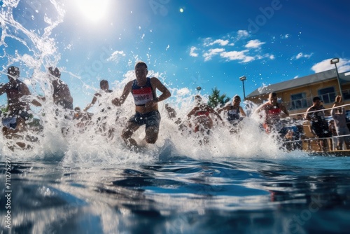 A joyful group of people having a blast while splashing around in the water, Competitors diving into the pool at a swim race start, AI Generated