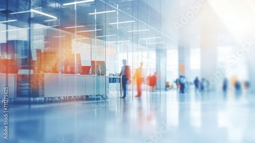 Abstract blurred business environment with blue and orange hues  dynamic white glass office interior with corporate professionals
