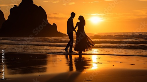 Silhouette of a loving couple holding hands on a sandy beach at sunset with colorful sky and ocean waves photo