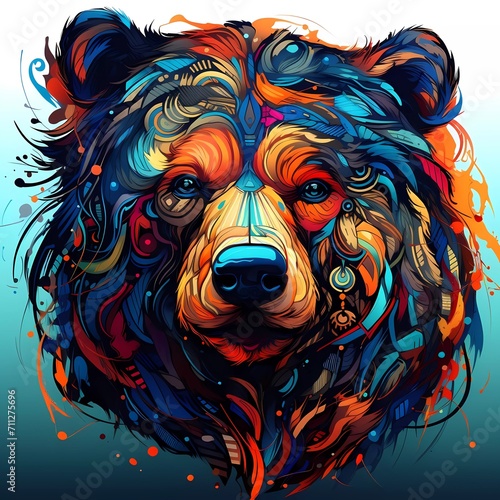 Abstract bear head close up with tangled doodle elements. Full color illustrations. generative ai