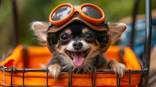 Funny cute chihuahua puppy riding on bicycle basket wearing cap and aviator goggle. Creative animal pet concept digital painting illustration, humor joke festive greeting card, wallpaper, background. photo