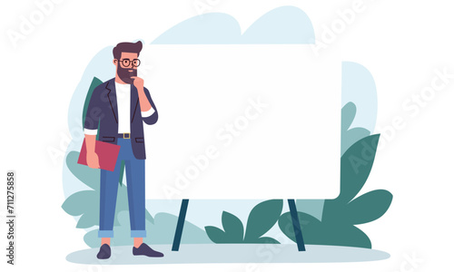 Flat vector illustration. Man standing next to banner and thinking, question mark. Concept of problem solving. Place for your text on the banner . Vector illustration