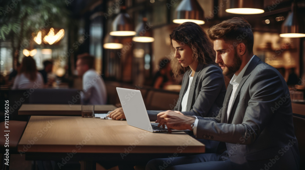 Two young business colleagues, a man and a woman, work at a computer in a cafe. Business meeting on a joint project, Discussion of ideas. Two young business colleagues, a man and a woman, work at a computer in a cafe. Business meeting on a joint project, Discussion of ideas.