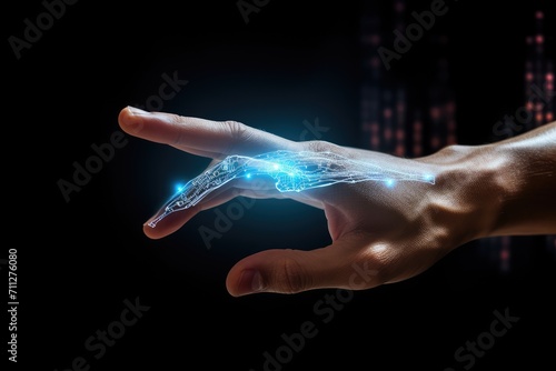 An image capturing a persons hand emanating a vibrant, glowing light, Cybernetic human hand reaching out to touch a holographic interface, AI Generated