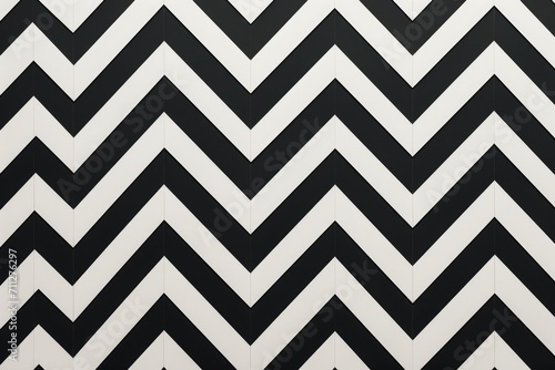 An eye-catching black and white zigzag pattern painted directly on a wall, creating a dynamic and visually appealing design element, Deconstructed monochrome chevron print, AI Generated